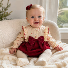 Baby Burgundy Velvet Romper with Cherry Print Top and Big Bow, Holiday Outfit
