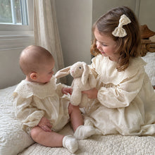 Ivory Cotton Baby Romper or Girls Dress, Matching Sister Outfit with Embroidered Lace Collar