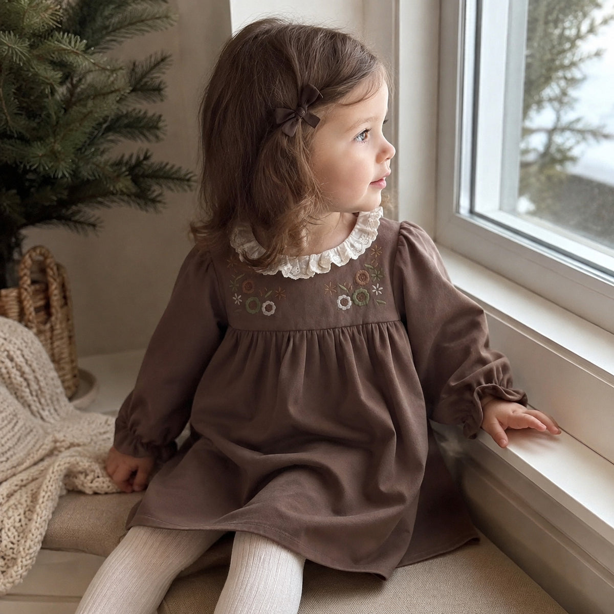 Girls khaki and brown floral Peter Pan collar long sleeve fall dress - cozy seasonal lifestyle view