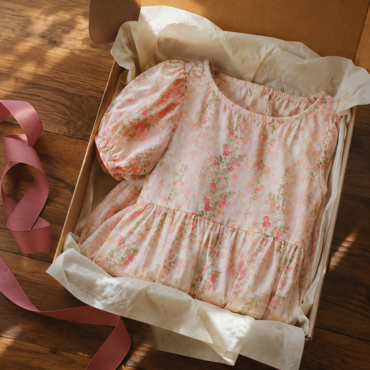 Pink rose floral puff-sleeve midi dress folded inside a Q4 gift box