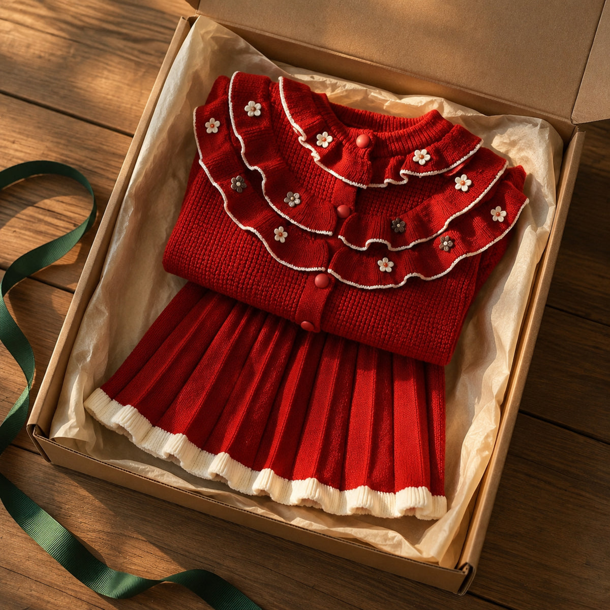 Holiday red flower cardigan and pleated skirt arranged as a two-piece gift set