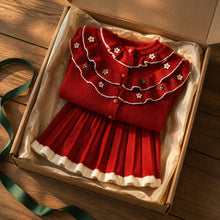 Girls Ruffle Flower Knit Cardigan and Pleated Skirt Set, 2-Piece Fall Outfit