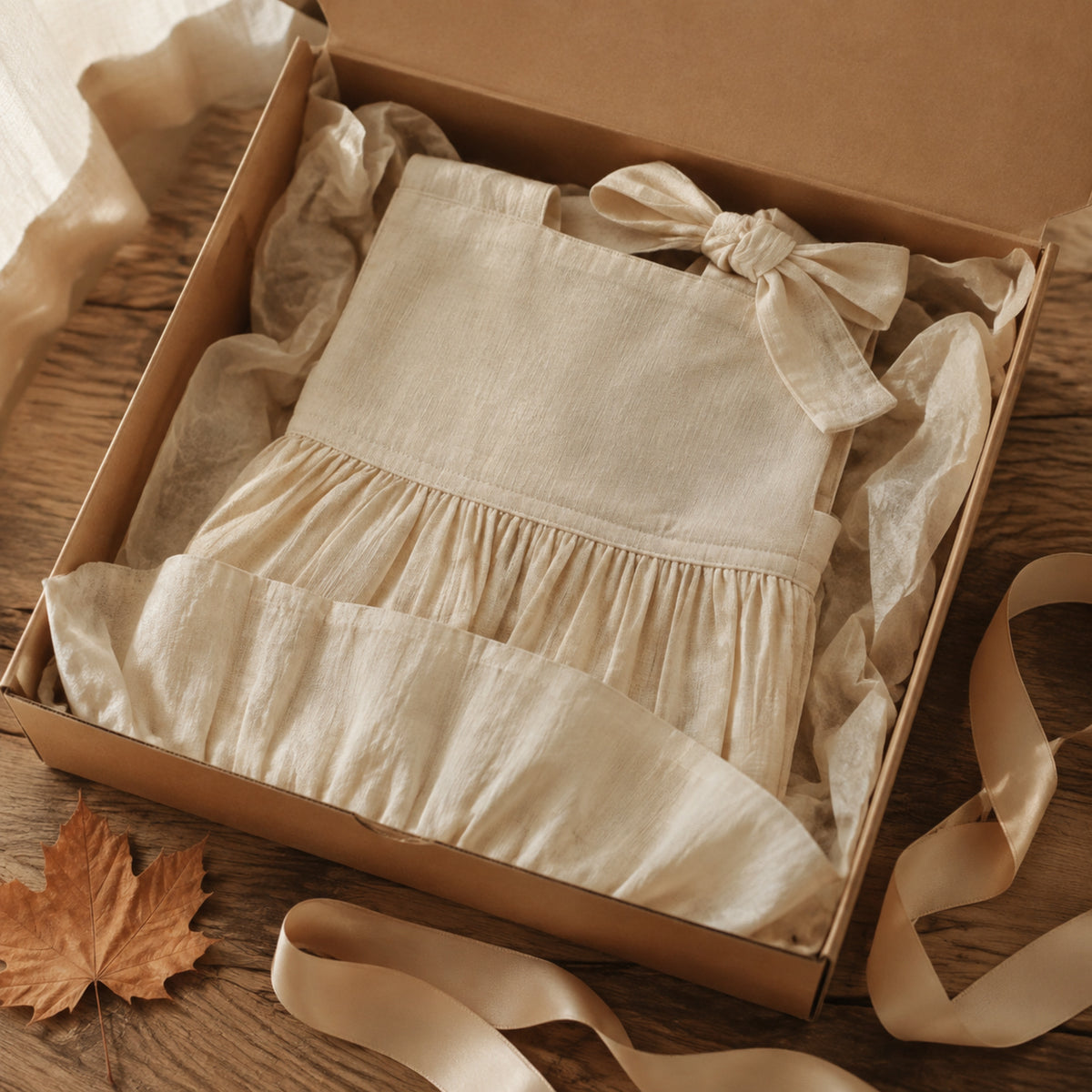 Ivory girls maxi dress folded in a warm Q4 gift box