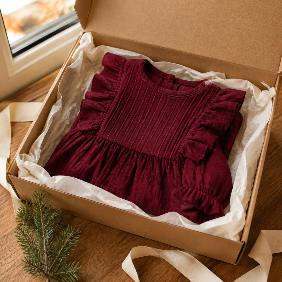 Wine red vintage girls dress folded inside a holiday gift box