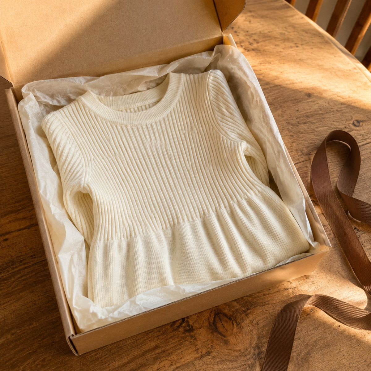 Warm ivory ribbed knit midi dress folded inside a Q4 gift box