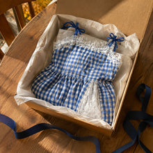 Girls Blue Gingham Maxi Dress with White Floral Lace, Fall Layering Dress