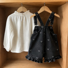 Girls Ivory Ruffle Blouse or Black Bow Denim Suspender Shorts Romper, Fall Separates