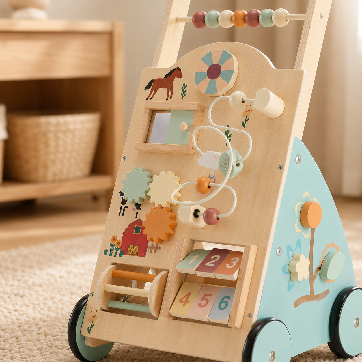 Wooden Baby Walker with Activity Center, Montessori Push Toy for Toddlers, First Birthday Gift