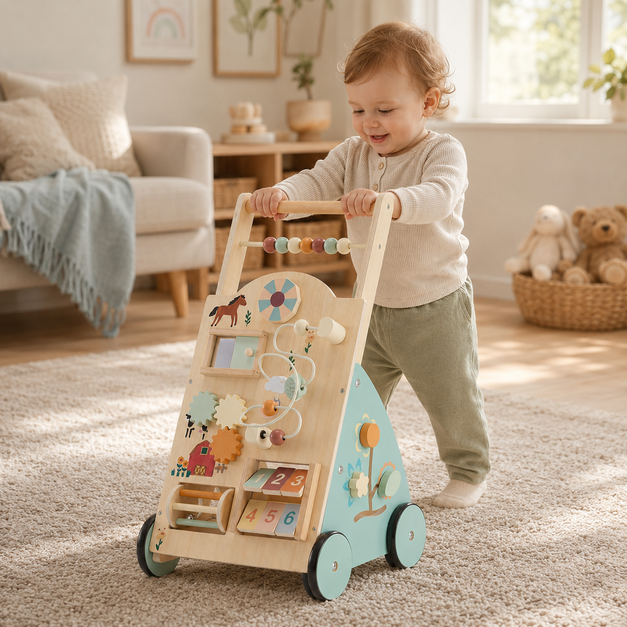 Wooden Baby Walker with Activity Center, Montessori Push Toy for Toddlers, First Birthday Gift