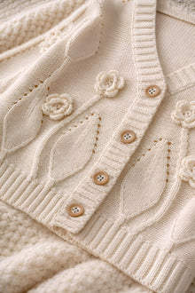 Baby Girl Cotton Cardigan, Floral Embroidered Knit Sweater, Wooden Buttons, Infant Toddler Outfit