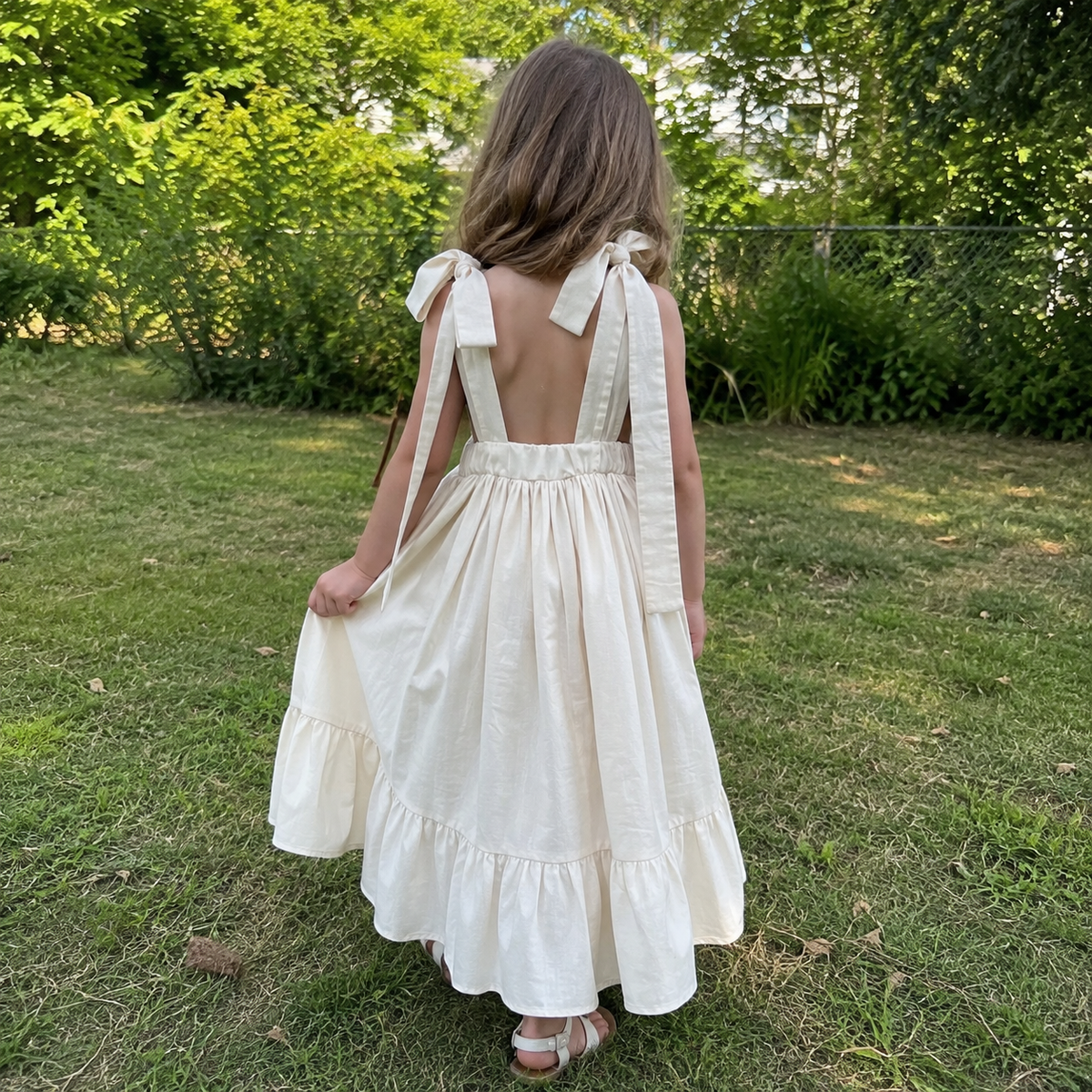 Girls Ivory Tie-Shoulder Maxi Dress, Open-Back Linen-Look Fall Dress