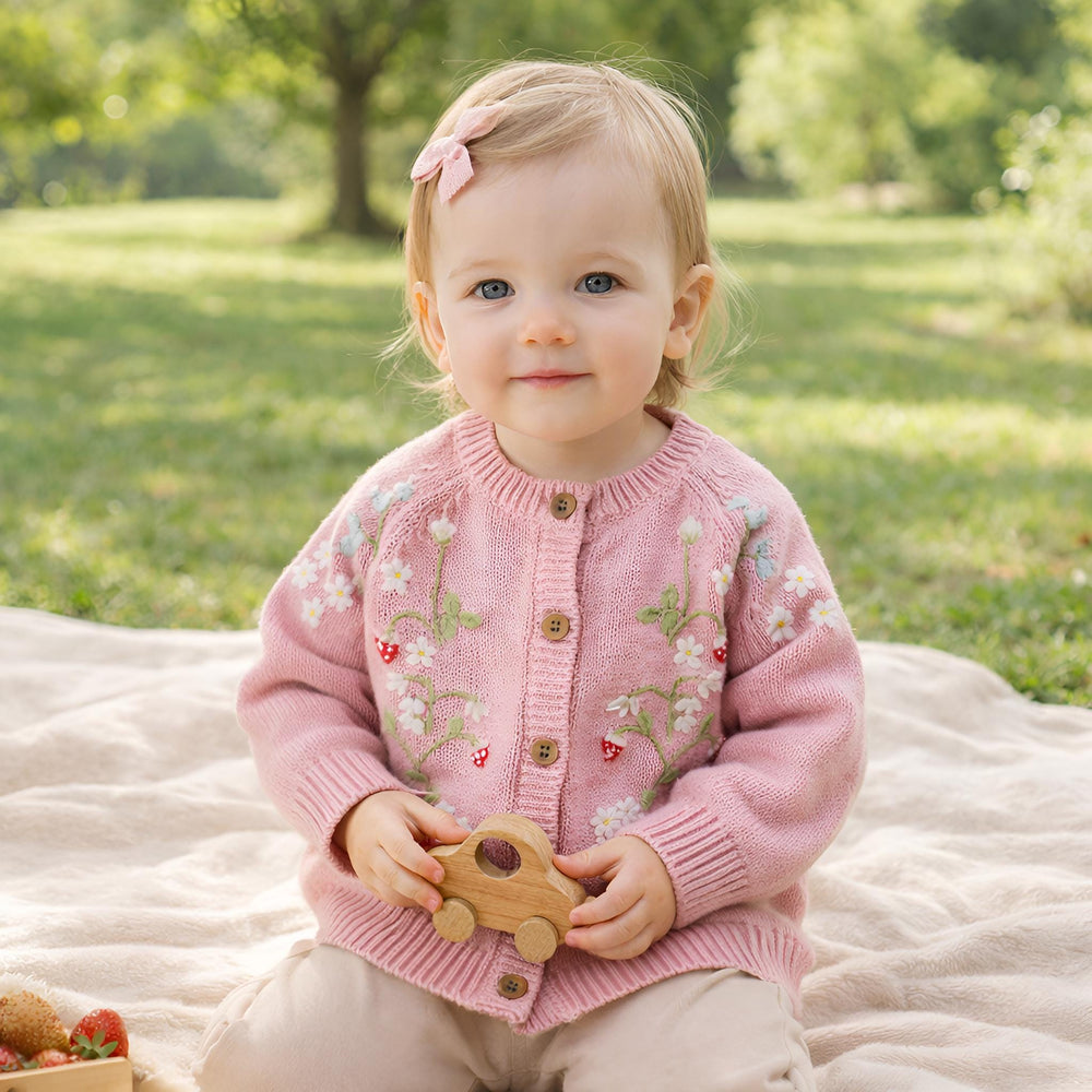 Strawberry Embroidered Cotton Knit Cardigan, Floral Toddler Sweater, Cozy Cottagecore Kidswear