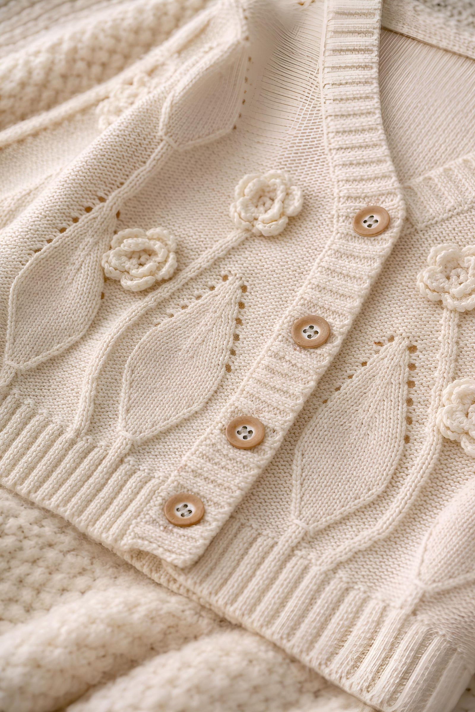 Baby Girl Cotton Cardigan, Floral Embroidered Knit Sweater, Wooden Buttons, Infant Toddler Outfit