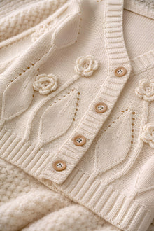 Baby Girl Cotton Cardigan, Floral Embroidered Knit Sweater, Wooden Buttons, Infant Toddler Outfit