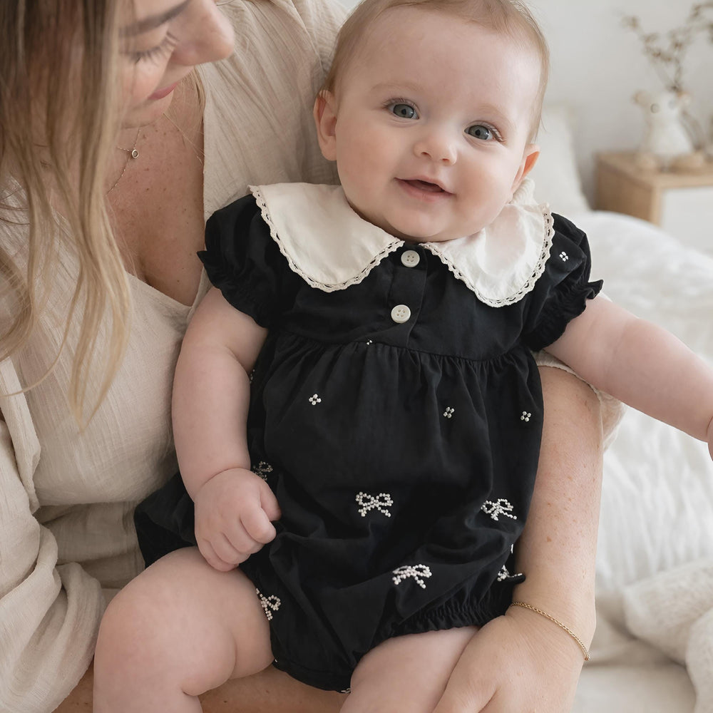 Toddler Girl Cotton Romper, Bow Embroidery Lapel, Soft Loose Baby Clothes