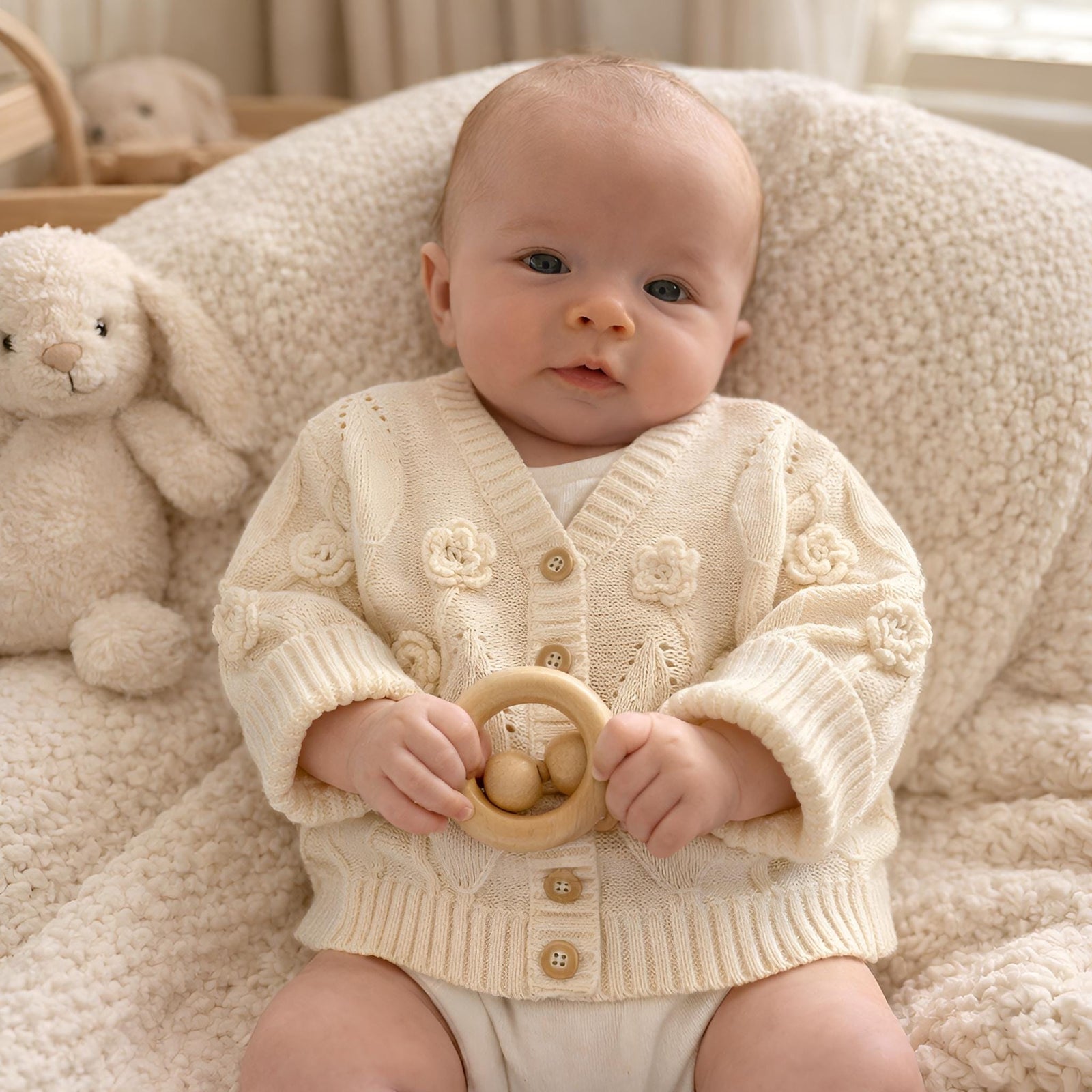 Baby Girl Cotton Cardigan, Floral Embroidered Knit Sweater, Wooden Buttons, Infant Toddler Outfit