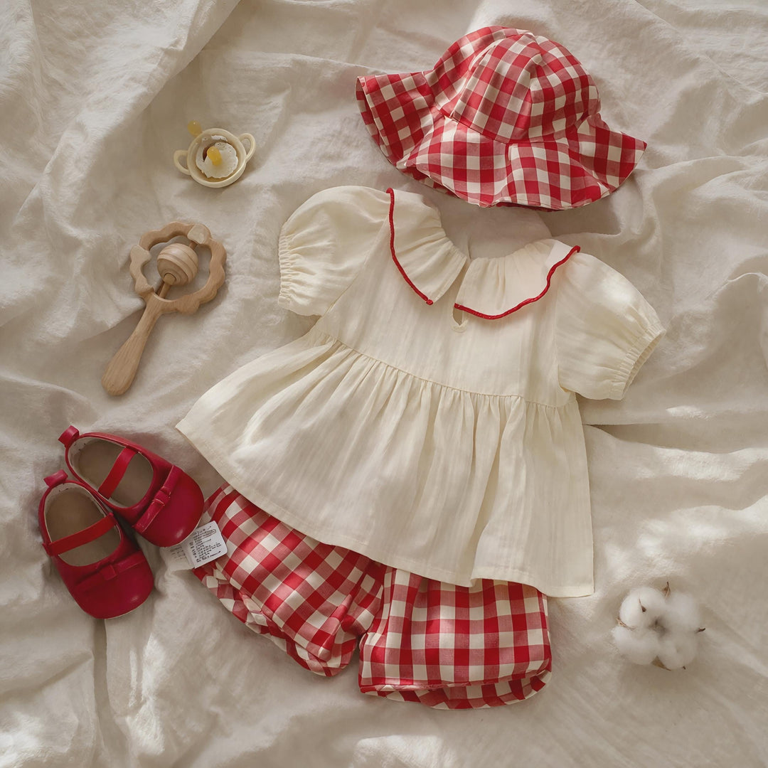 Baby Girl Cotton Ruffle Top & Red Checkered Pants Summer Outfit Set