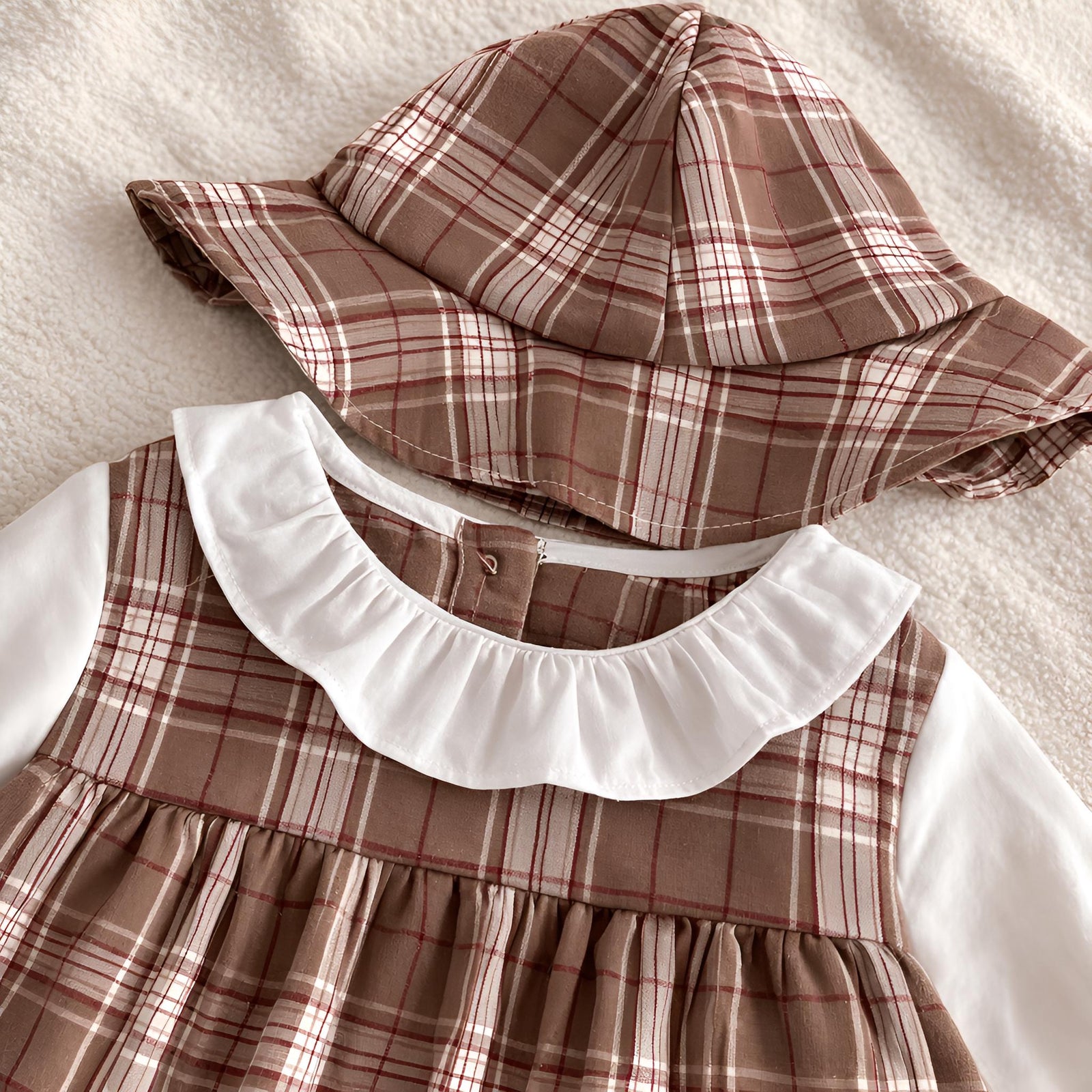 Baby Girl Checkered Romper, Peter Pan Collar, Hooded Cotton Outfit, Spring Autumn Toddler Clothes
