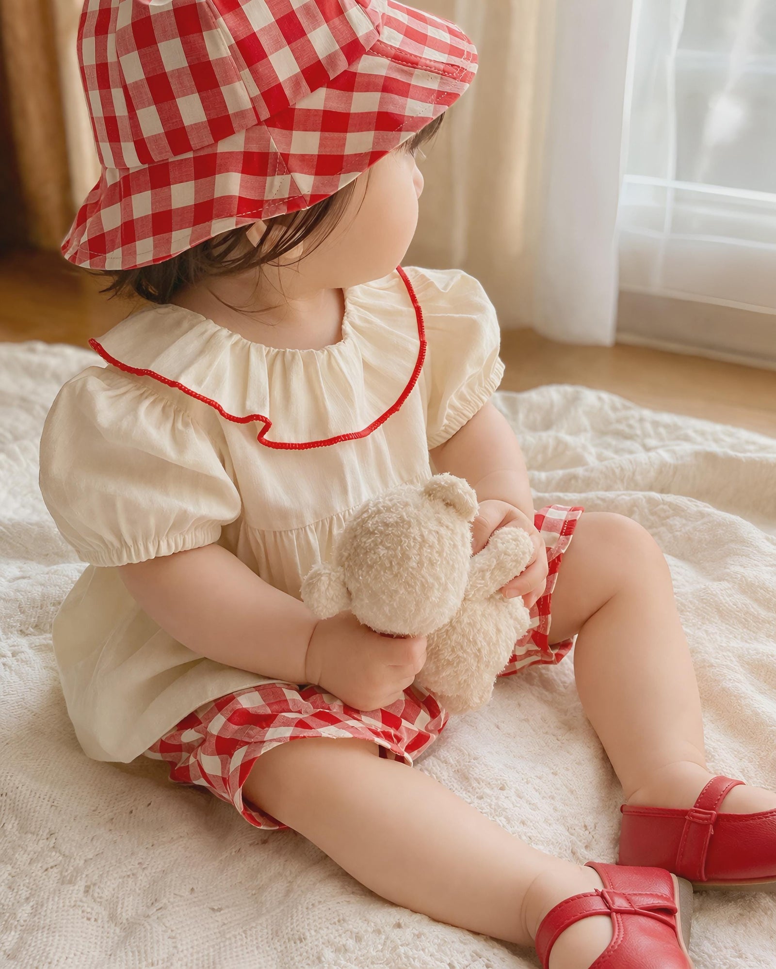 Baby Girl Outfit: Red Checkered Pants, Ruffle Top, Soft Cotton Summer Clothes