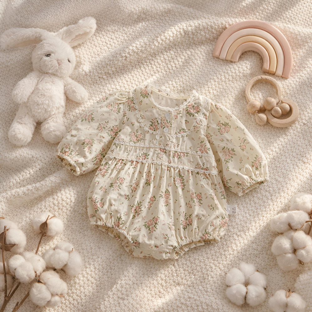 Baby Girl Floral Cotton Romper, Lace Collar, Spring Toddler Outfit