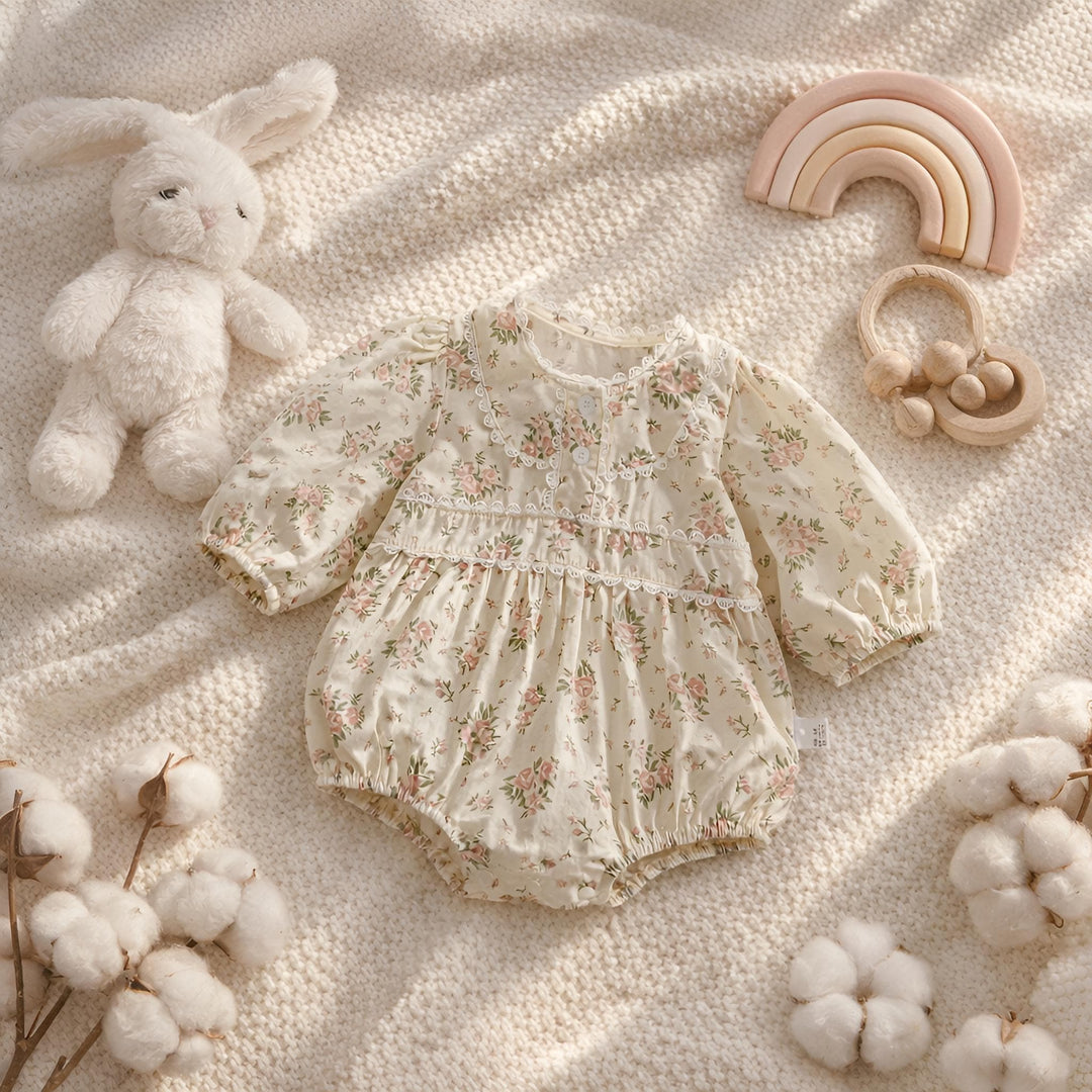 Baby Girl Floral Cotton Romper, Lace Collar, Spring Toddler Outfit