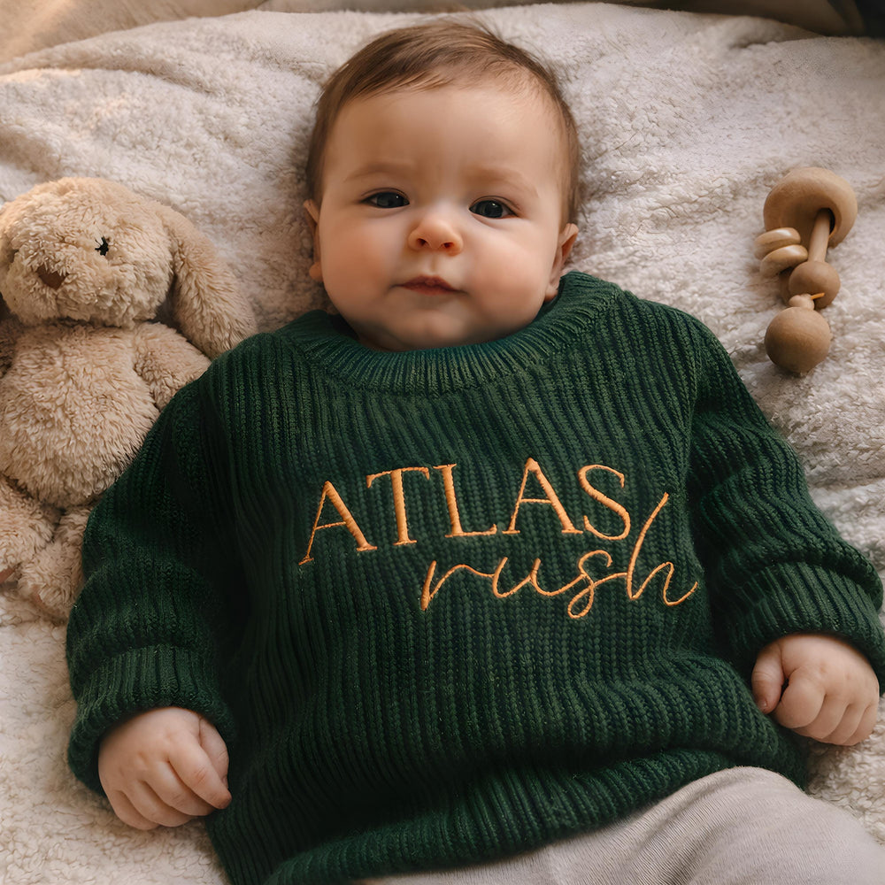 Custom Embroidered Baby Name Sweater – Cozy Knit Pullover for Boys Girls