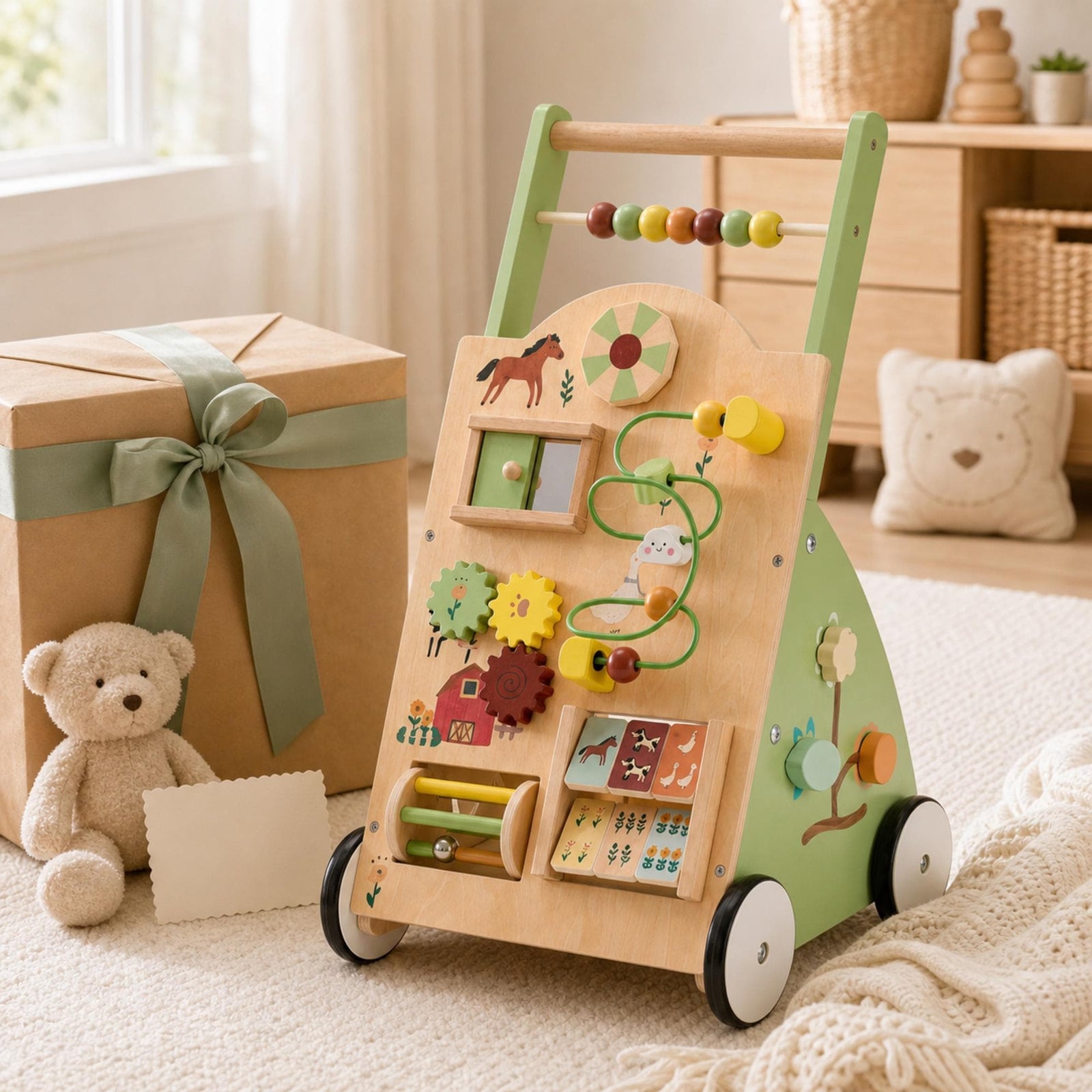 Wooden Baby Walker with Activity Center, Montessori Push Toy for Toddlers, First Birthday Gift