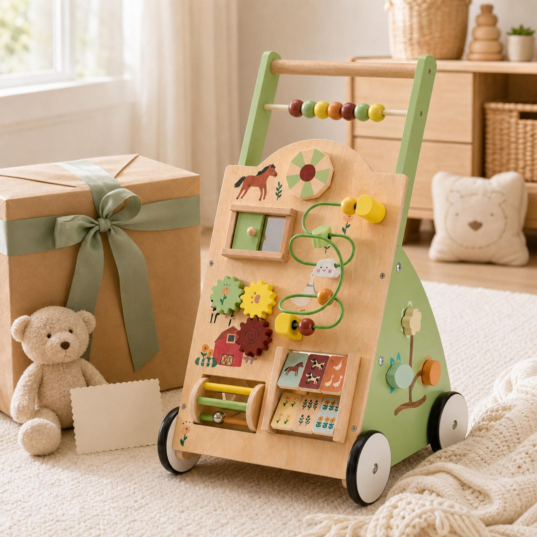Wooden Baby Walker with Activity Center, Montessori Push Toy for Toddlers, First Birthday Gift