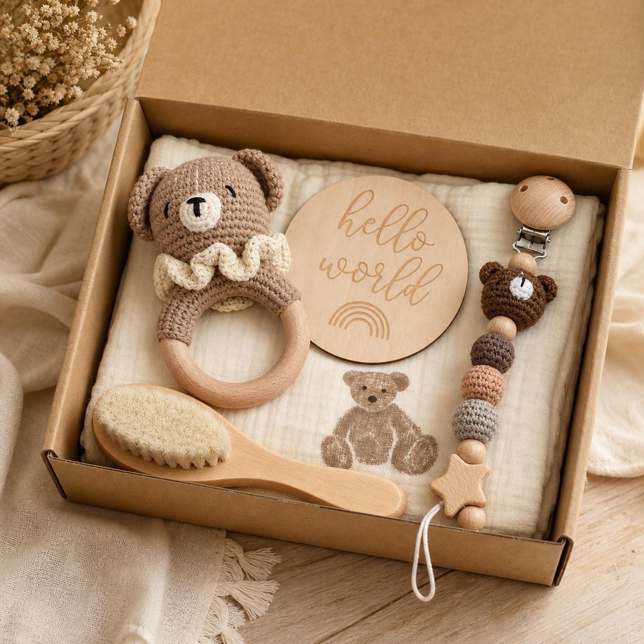 Newborn Baby Gift Box, Crochet Rattle & Muslin Blanket Baby Shower Gift Set