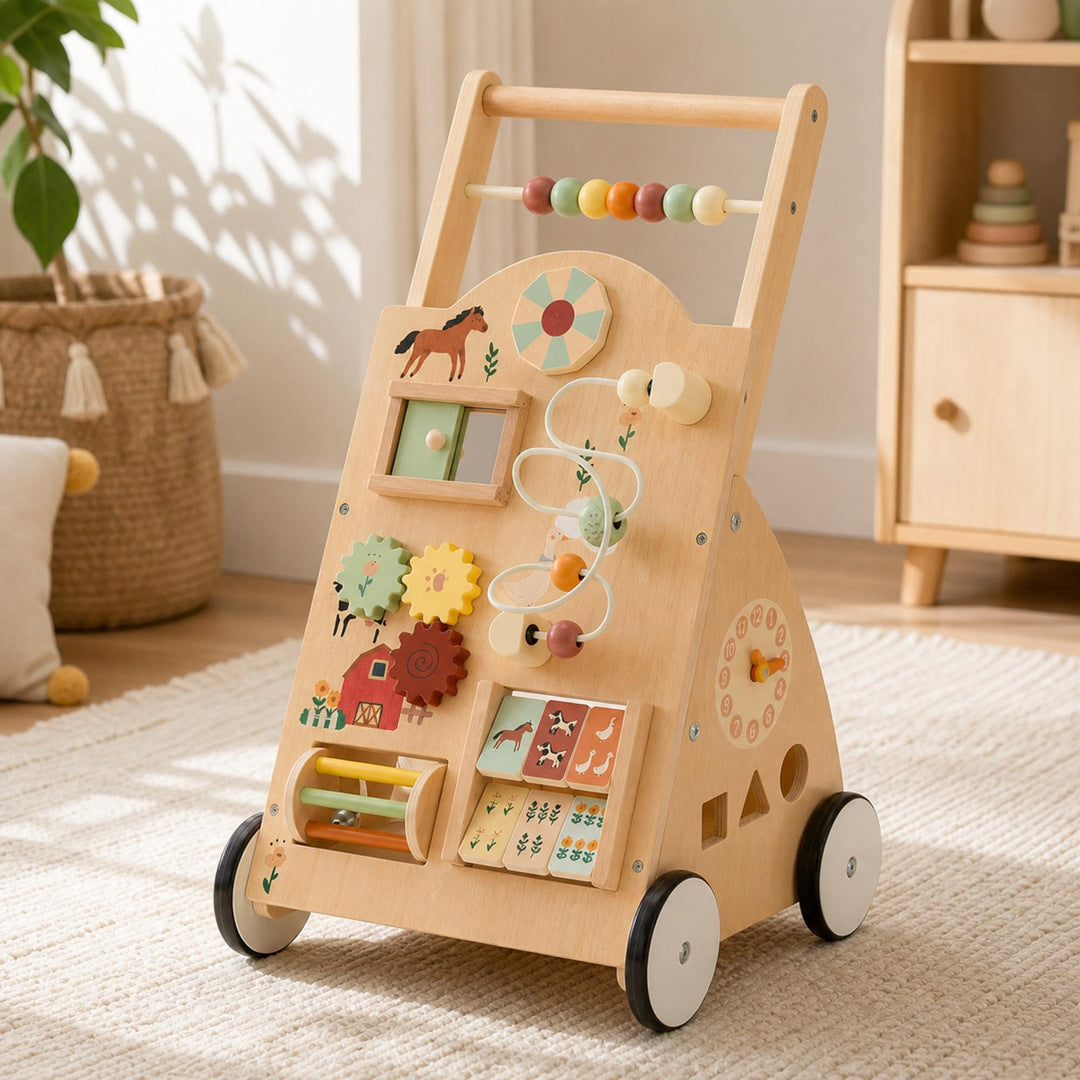 Wooden Baby Walker with Activity Center, Montessori Push Toy for Toddlers, First Birthday Gift