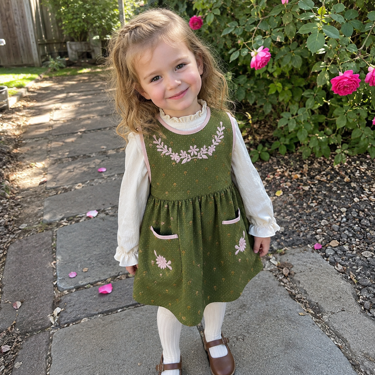 Girls Olive Cotton Dress, Floral Embroidered Pinafore or Long Sleeve Style