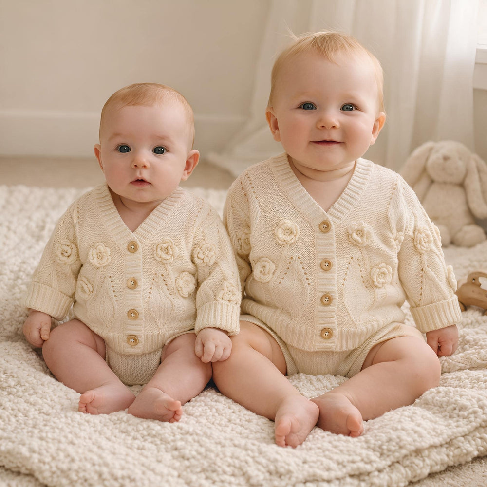 Baby Girl Cotton Cardigan, Floral Embroidered Knit Sweater, Wooden Buttons, Infant Toddler Outfit