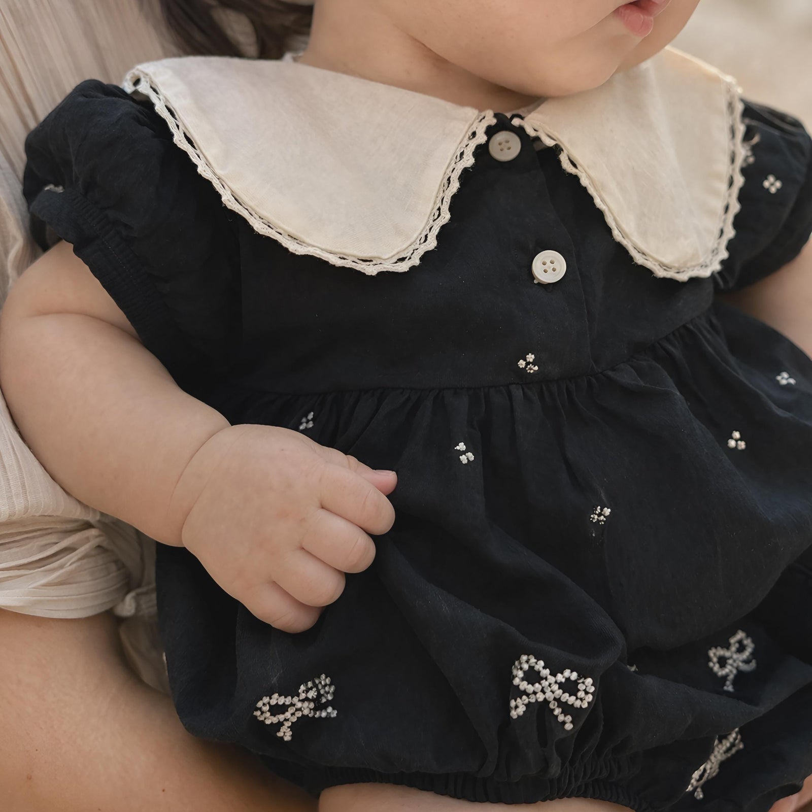 Toddler Girl Cotton Romper, Bow Embroidery Lapel, Soft Loose Baby Clothes