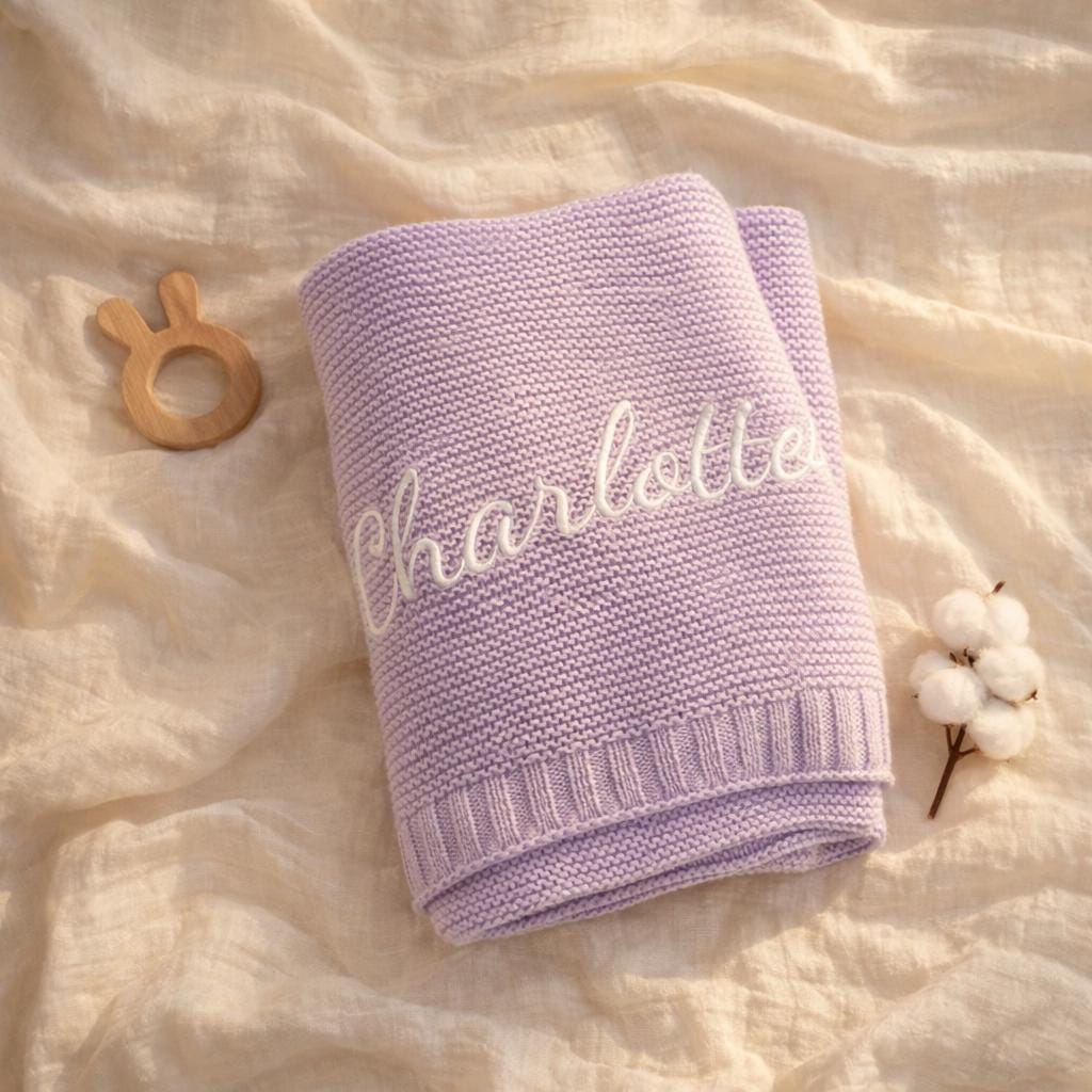 Personalized Embroidered Cotton Knit Baby Blanket, Custom Name Keepsake