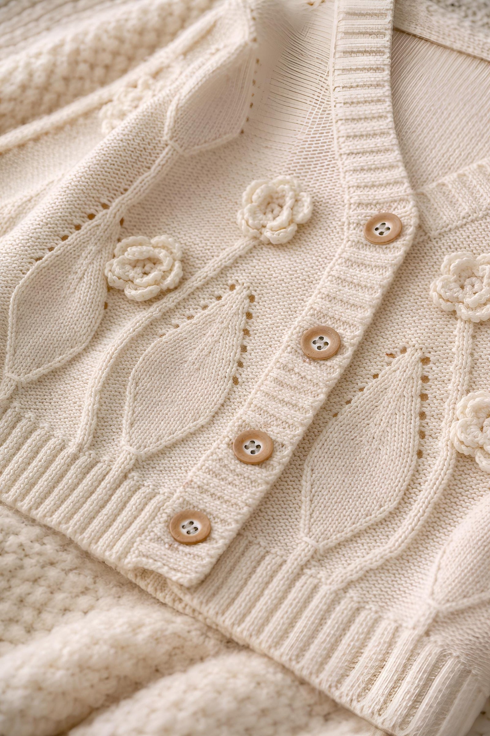 Baby Girl Cotton Cardigan, Floral Embroidered Knit Sweater, Wooden Buttons, Infant Toddler Outfit