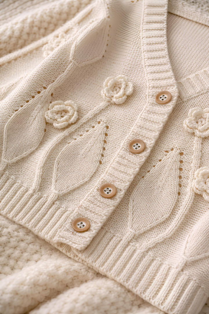 Baby Girl Cotton Cardigan, Floral Embroidered Knit Sweater, Wooden Buttons, Infant Toddler Outfit