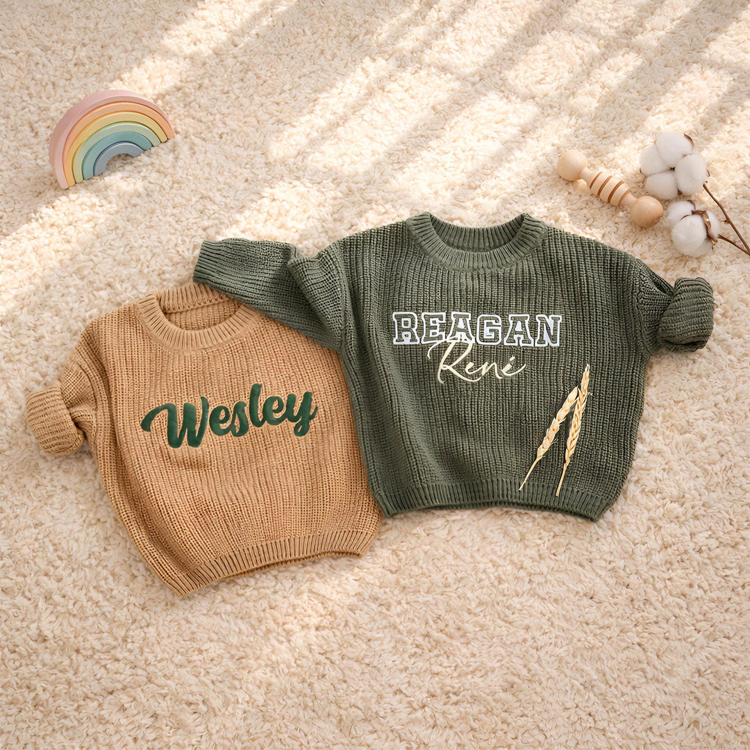 Custom Embroidered Baby Name Sweater – Cozy Knit Pullover for Boys Girls
