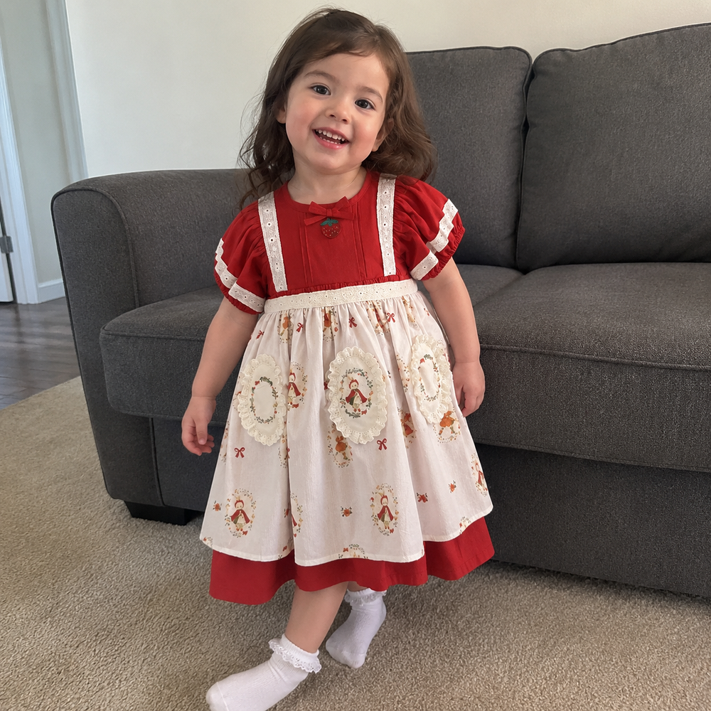 Girls Storybook Dress or Skirt Set, Red Ivory Cotton Toddler Outfit