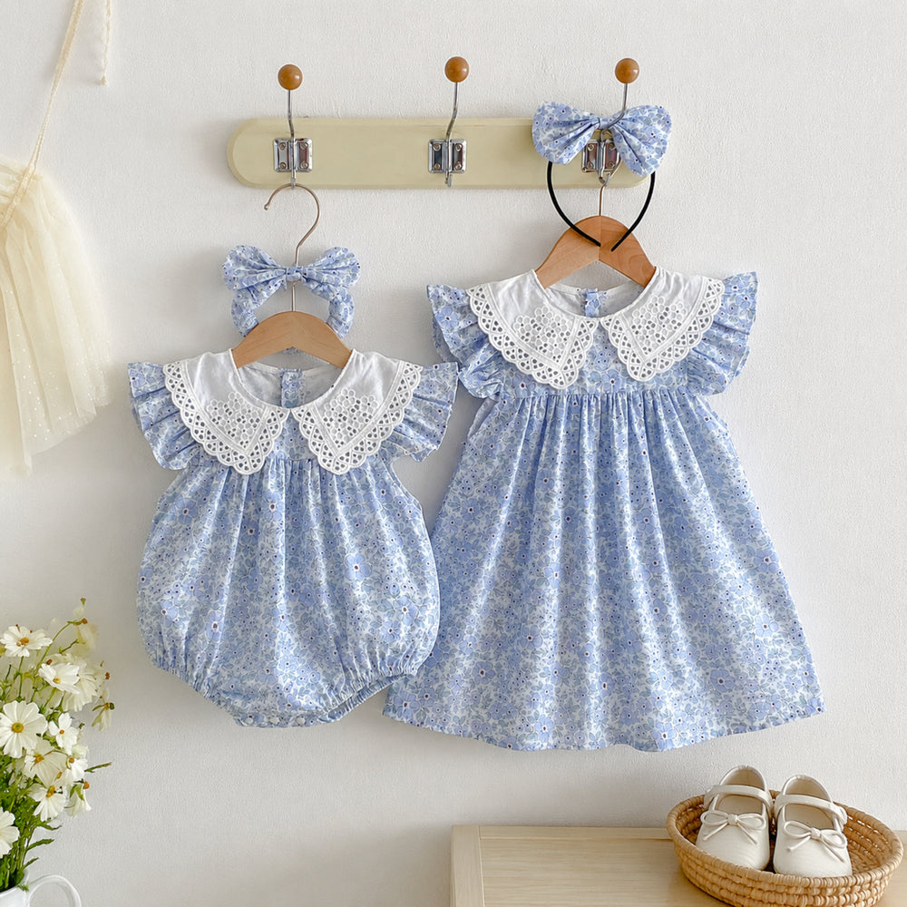 Baby & Girls Blue Floral Eyelet-Collar Romper or Dress with Headband