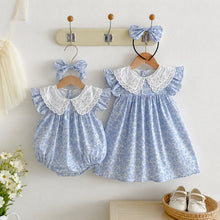 Baby & Girls Blue Floral Eyelet-Collar Romper or Dress with Headband