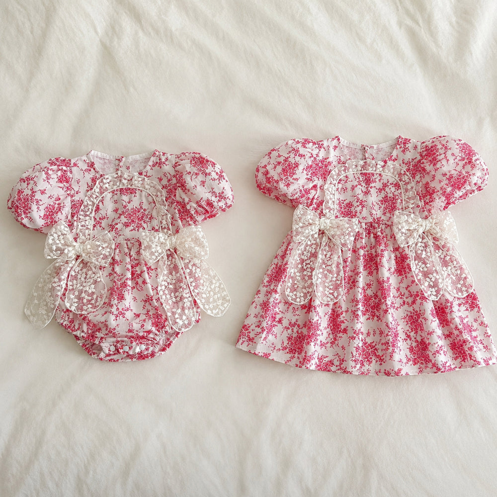 Girls Raspberry Toile Baby Romper or Puff-Sleeve Dress with Lace Bow