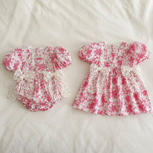 Girls Raspberry Toile Baby Romper or Puff-Sleeve Dress with Lace Bow