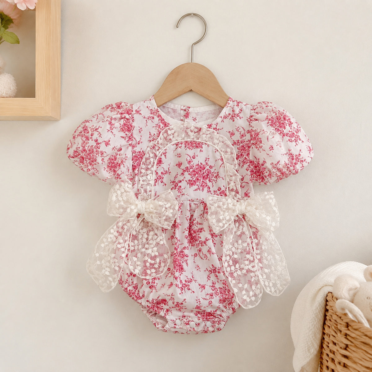 Raspberry toile bubble romper with puff sleeves and lace bow
