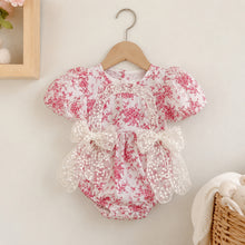 Girls Raspberry Toile Baby Romper or Puff-Sleeve Dress with Lace Bow