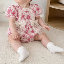 Girls Raspberry Toile Baby Romper or Puff-Sleeve Dress with Lace Bow