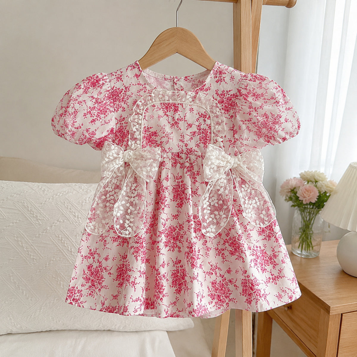 Raspberry toile girls dress with puff sleeves and lace bow