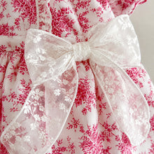 Girls Raspberry Toile Baby Romper or Puff-Sleeve Dress with Lace Bow