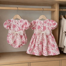 Girls Raspberry Toile Baby Romper or Puff-Sleeve Dress with Lace Bow