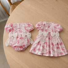 Girls Raspberry Toile Baby Romper or Puff-Sleeve Dress with Lace Bow