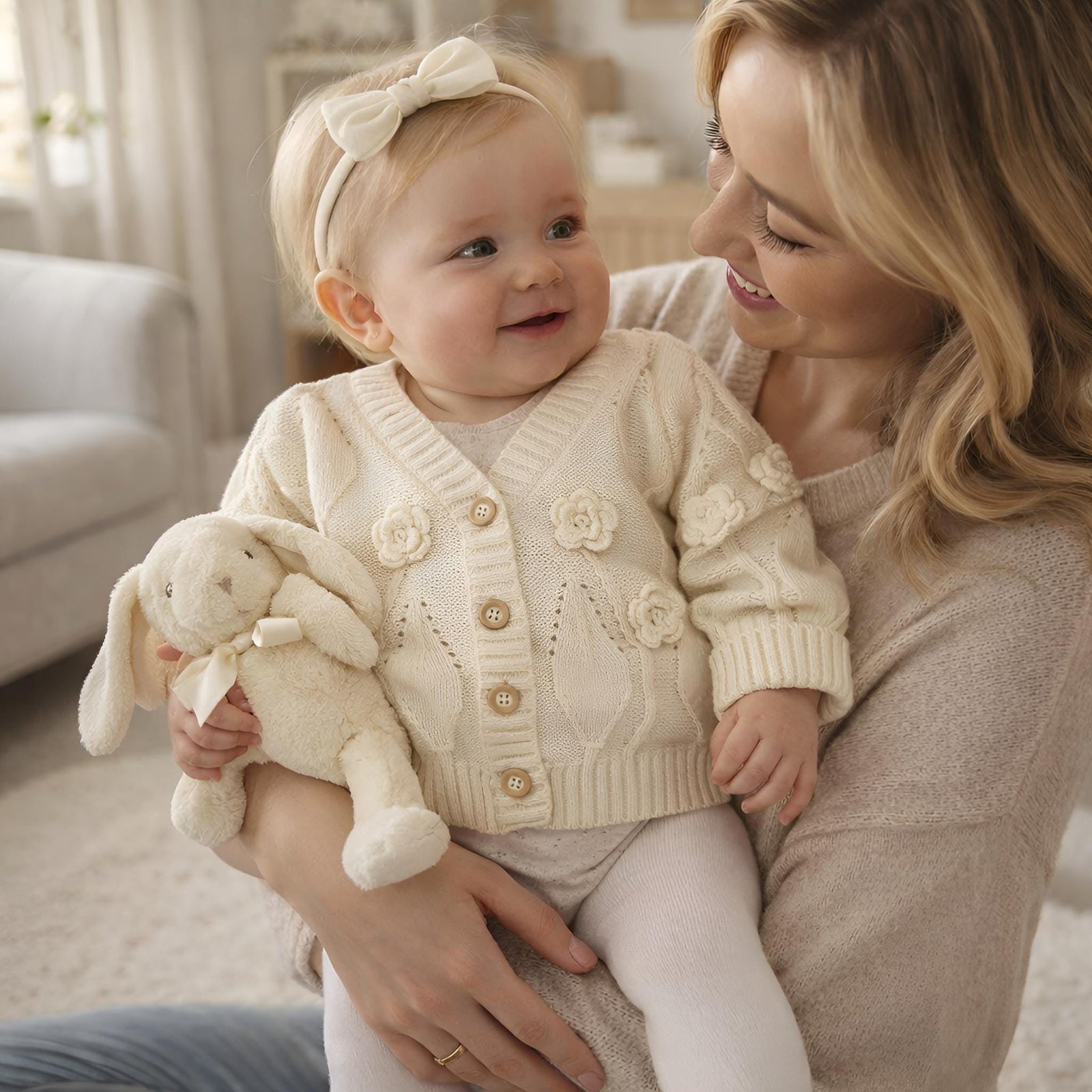 Baby Girl Cotton Cardigan, Floral Embroidered Knit Sweater, Wooden Buttons, Infant Toddler Outfit